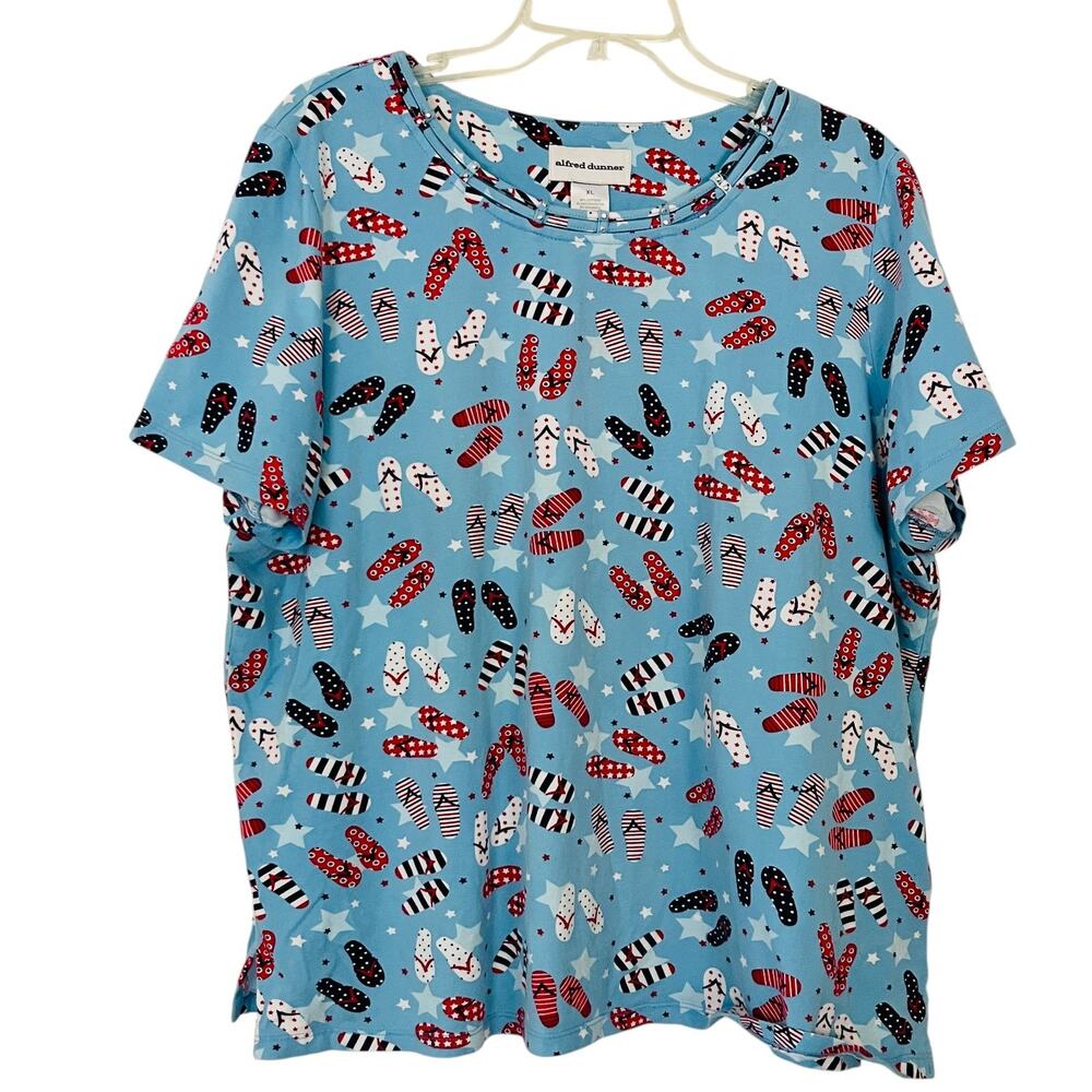 Alfred Dunner Womens Top XL Short Sleeve Tee Seashore Beach Flip Flop Theme